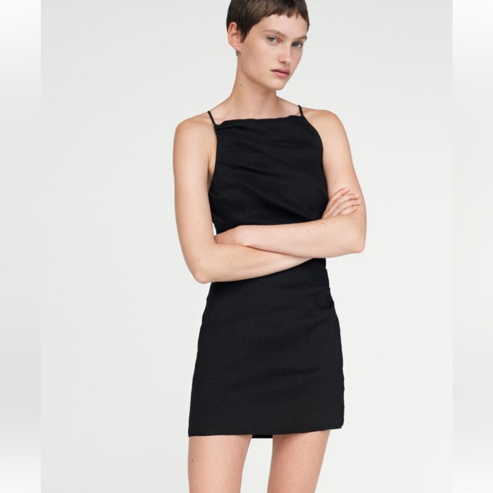 Zara black draped  linen blend dress
